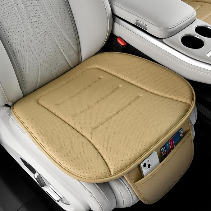 KAYI Car Seat Cushion, Comfort Memory Foam Car Cushions for Driving, Breathable Leather Surface with Anti Slip Rubber Bottom, Seat Cushion for Car and Office Chair (2 Pack, Beige)