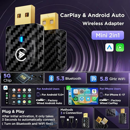 MSXTTLY 2in1 Wireless Carplay Adapter Android Auto Wireless Adapter, Mini USB Small Dongle Fast Auto Connect, Car Play Adapter for Apple iPhone iOS & Android 11+, OEM Wired Car Model 2017+(Black)