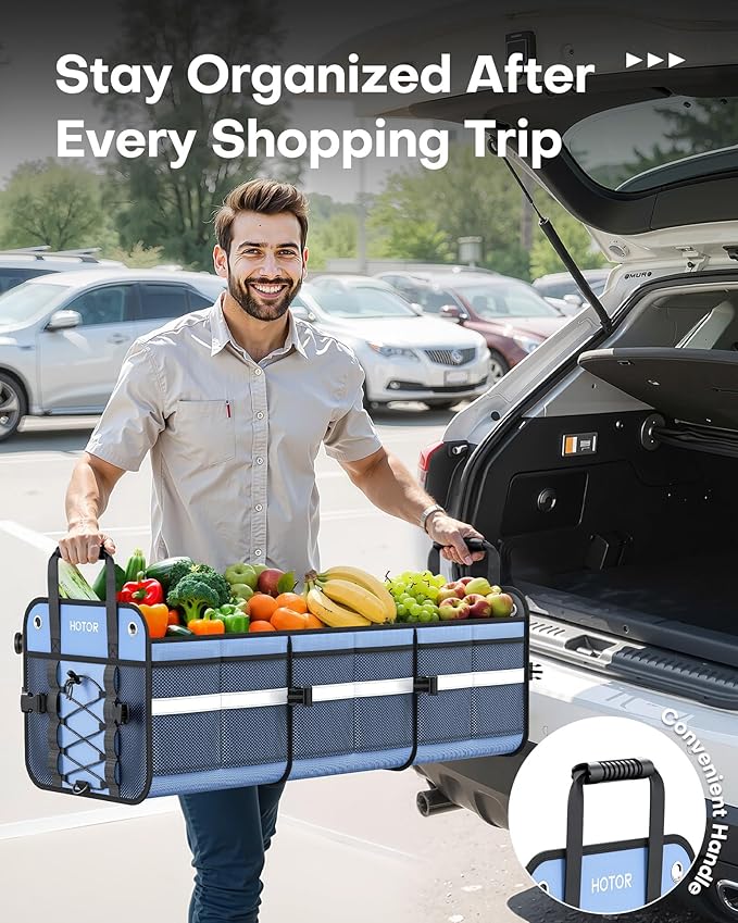 HOTOR Trunk Organizer for SUV – Car Storage Box with Reflective Strips, Collapsible Car Organizer with Large Capacity, Essential Car Accessories for Truck, Van & Sedan, Blue, 22.1" x 13.0" x 12.0"