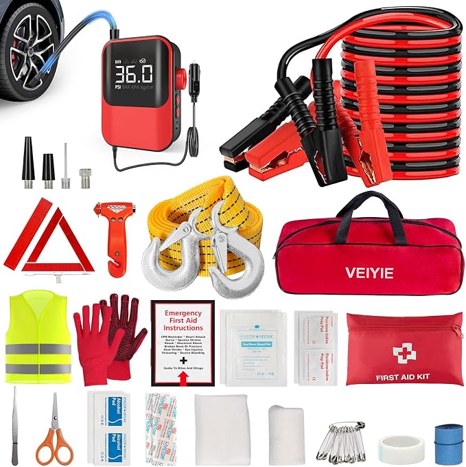 Roadside emergency car kit for vehicles, car first aid kit emergency kit with Portable Air Compressor, Heavy Duty Jumper Cables, Tow Strap, road trip Essentials car safety kit, new driver gifts