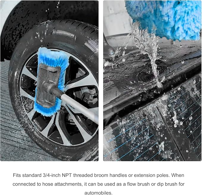 10.2" Car Wash Brush Head, Flow-Thru Auto Camper Cleaning Brushes with Soft Bristle, Universal Detailing Brush Head for Vehicle Boat Exterior Washing, Car Accessories (Blue)
