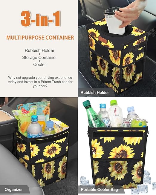 Pritent Car Trash Can with Lid, Cute Leakproof Car Trash Garbage Bag Hanging Vehicle Trash Bin Small Portable Automotive Garbage Cans Organizer for Back/Front Seat(Trapezoid,Black Sunflower
