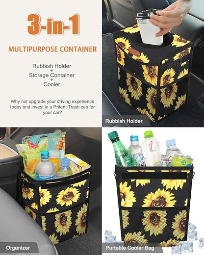 Pritent Car Trash Can with Lid, Cute Leakproof Car Trash Garbage Bag Hanging Vehicle Trash Bin Small Portable Automotive Garbage Cans Organizer for Back/Front Seat(Trapezoid,Black Sunflower