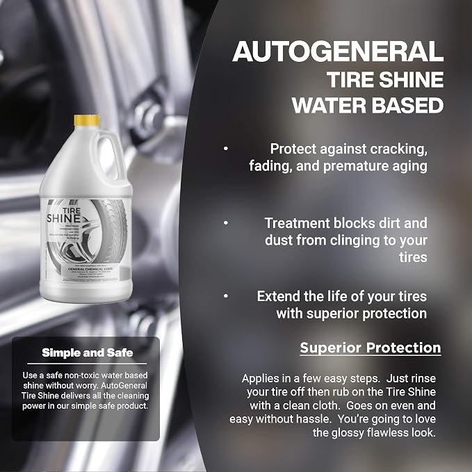 AutoGeneral - Tire Shine - Water-Based Cleaner - High-Gloss Tire Dressing - Protects Against Cracking, Fading and UV Effects - Industrial Strength - 1 Gallon Jug