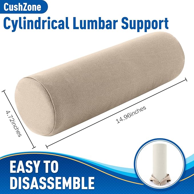 Lumbar Roll Support Pillow for Office Chair, Car, Gaming Chair, Memory Foam Back Cushion with Washable Cover for Relieving Back Pain & Improving Posture, Large,Khaki