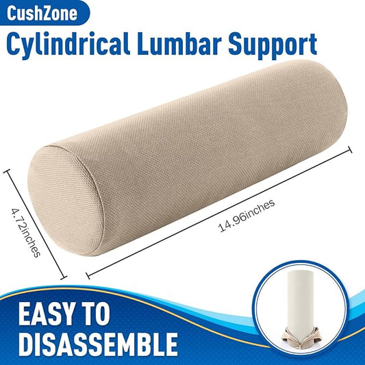 Lumbar Roll Support Pillow for Office Chair, Car, Gaming Chair, Memory Foam Back Cushion with Washable Cover for Relieving Back Pain & Improving Posture, Large,Khaki