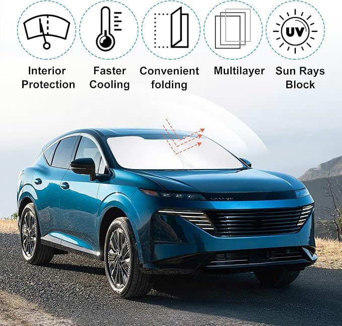 TINGLU Sun Shade for Nissan Murano 2025 2026 Accessories Windshield Sun Shade Window Shade UV Rays Protection Sun Visor Cover with Steering Wheel Sunshade Storage Bag