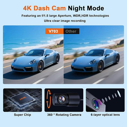 4K Dash Cam Front and Rear,with “Apple Find My” Function, 5.8GHz WiFi Dash Camera for Cars,WDR Night Vision Technology, 170° Wide-Angle Shooting and 24-Hour Parking Monitoring Mode.(V703)