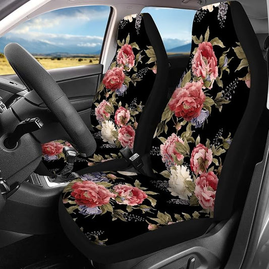 Dark Vintage Floral Print Car Seat Covers Full Set,Watercolor Flower Pattern with Peonies Vehicle Front Rear Bench Cushion Protectors Auto Interior Accessories Universal Fit for Trucks Sedans