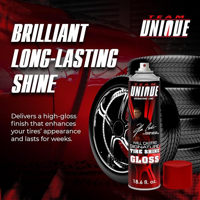 TEAM UNIQUE Tire Shine Gloss – 18.6 fl oz (Pack of 6) | High-Gloss Tire Shine Spray | UV Protection Against Cracking & Fading | Non-Greasy, Low-Sling Formula for Cars, Trucks & SUVs