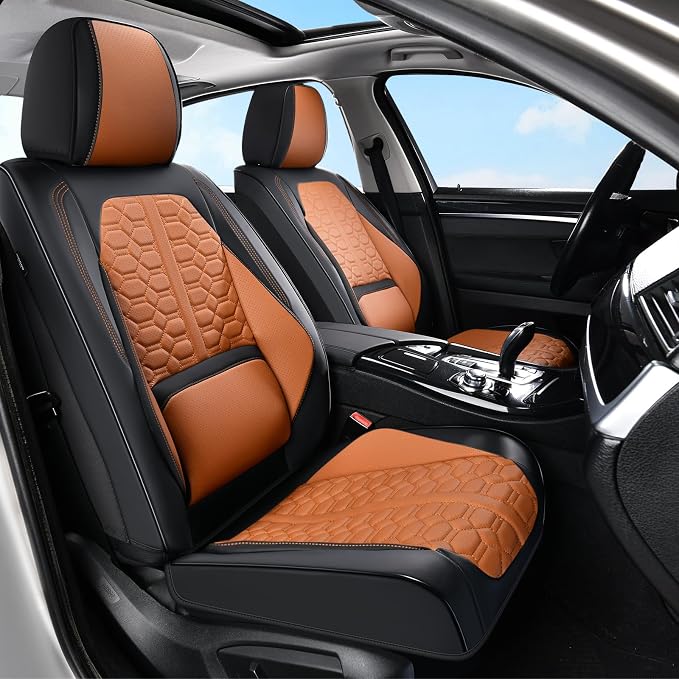 Huidasource Front Car Seat Covers, Full Coverage Luxury Nappa Leather Automotive Seat Covers Front Seat with Lumbar Support Fit for Most Cars SUV Trucks, Black & Brown