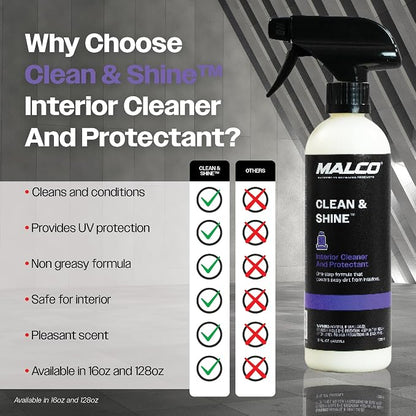 Malco Clean and Shine Interior Car Cleaner and Dressing - Best Interior Car Care to Restore Leather Plastic and Vinyl / 1 Simple Step To Clean, Condition, and Protect/Non-Glare Satin Finish (125916)