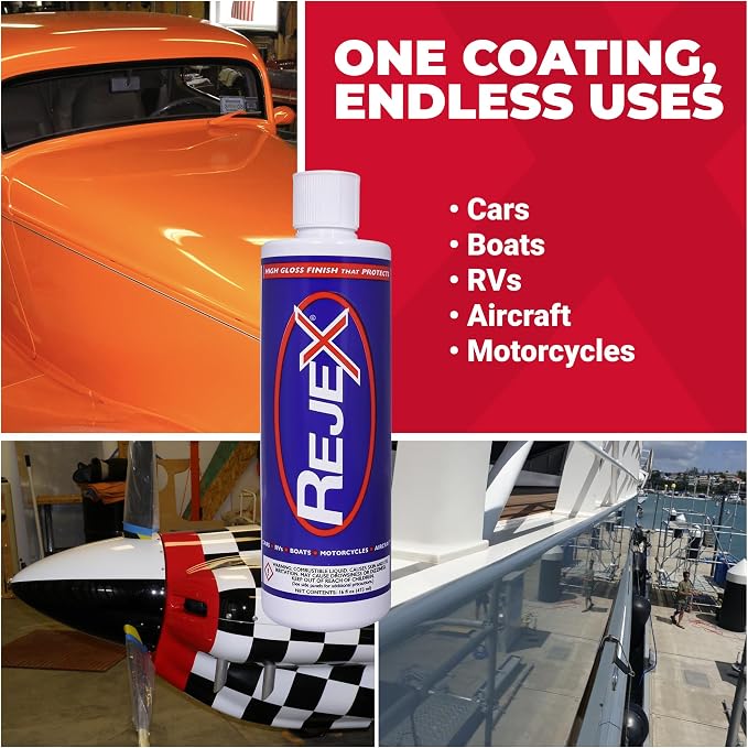 RejeX High Gloss Finish That Protects, Long-Lasting Polymer Coating for Cars, Trucks, Boats, RVs, Motorcycles, Aircraft, Glass, Painted Metal, Fiberglass, Acrylic, Gel Coat & Plastic Surface, 12 Fl Oz