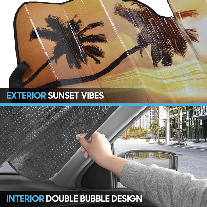 BDK Golden Sunset Beach Front Windshield Sun Shade Accordion Folding Cute Car Window Shades for Truck & Car Sunshade Shield for Sun UV Rays - Visor Protector Keeps Your Vehicle Cool - 58 x 27 inches