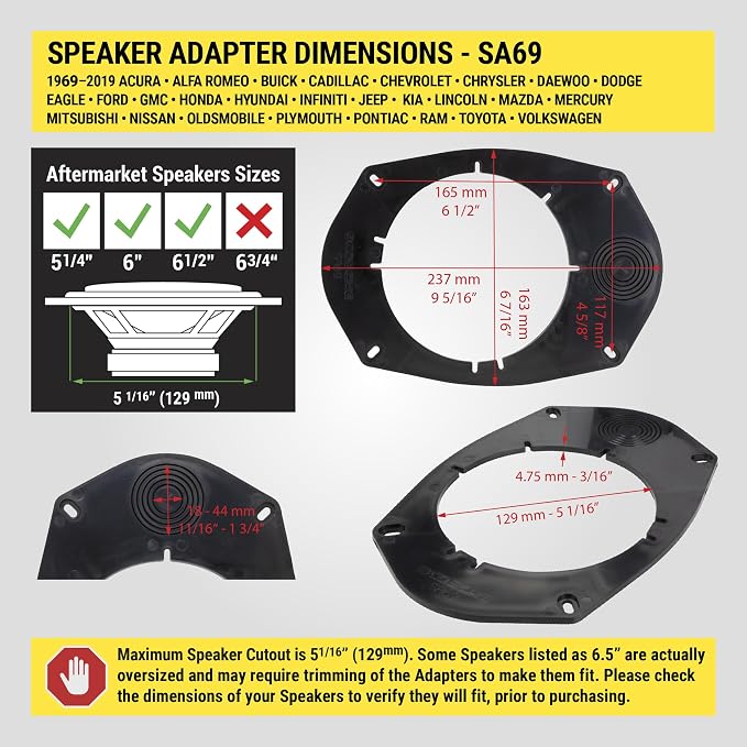 Scosche SA69 6X9" to 5.25”-6.5” Speaker Adapters Compatible with Select Import and Domestic Vehicles - 5 1/4" to 6 1/2" Adapter for Car Door Speakers - Sold in Pairs - See Guide in Image for Vehicles