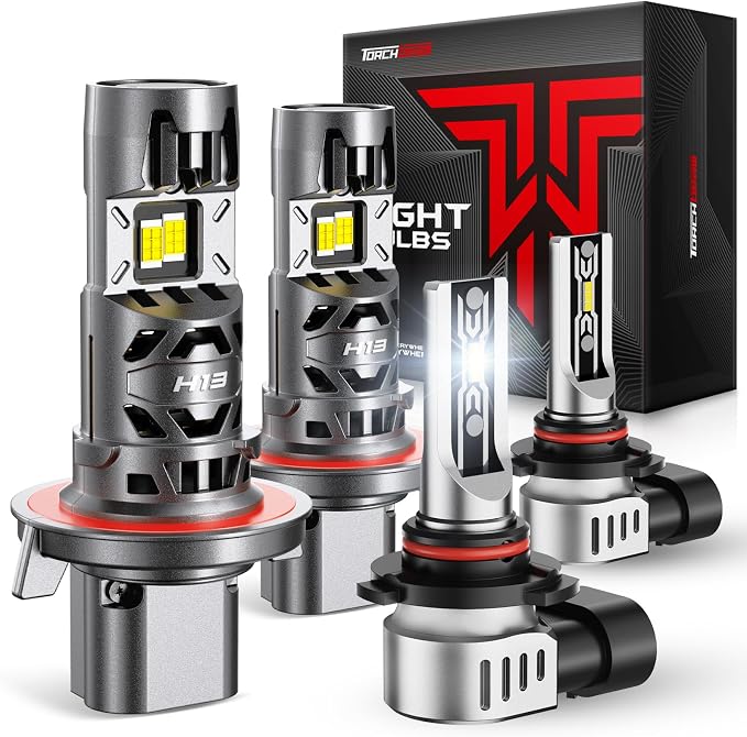 Torchbeam H13/H10 LED Bulbs Combo, 75000LM 6500K Bright White, 1:1 OEM Fit with Enhanced Dual Cooling, Fits Ford F150 2004-2014, F250/F350 2005-2020, Dodge Dakota 2005-2009, Pack of 4