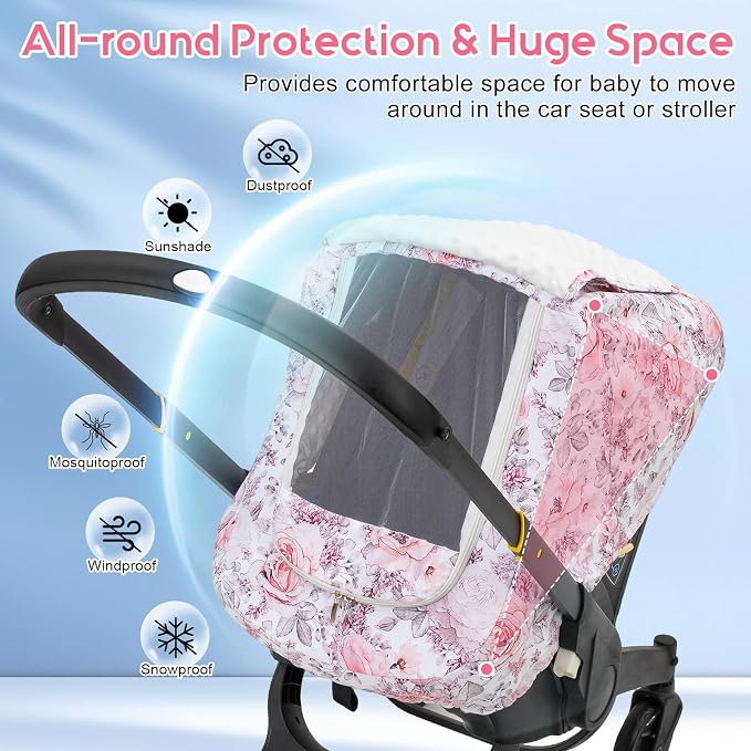 Car Seat Cover Baby Girls, Mink Dot Carseat Covers for Newborn with Breathable Mesh and Sun Shade Window, Warm Stretchy Infant Car Seat Canopy Snug Fit Baby Carrier, Stroller