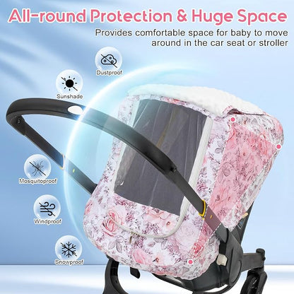 Car Seat Cover Baby Girls, Mink Dot Carseat Covers for Newborn with Breathable Mesh and Sun Shade Window, Warm Stretchy Infant Car Seat Canopy Snug Fit Baby Carrier, Stroller