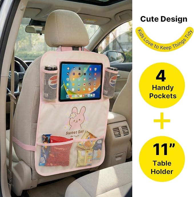 Backseat Car Organizer for Kids, Car Seat Organizer with 11” Touch Screen Tablet Holder, Rear Seat Storage Bag with Drink Pockets, Anti-Kick Seat Back Protector for Travel (Pink Rabbit)