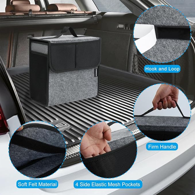 Car Trunk Organizer,Soft Felt Car Bag Organizer 12x7x12 inch Folding,for Honda CRV Civic Accord Ford Focus Fusion Toyota RAV4 Jeep SUV/Truck/Sedan（Gray