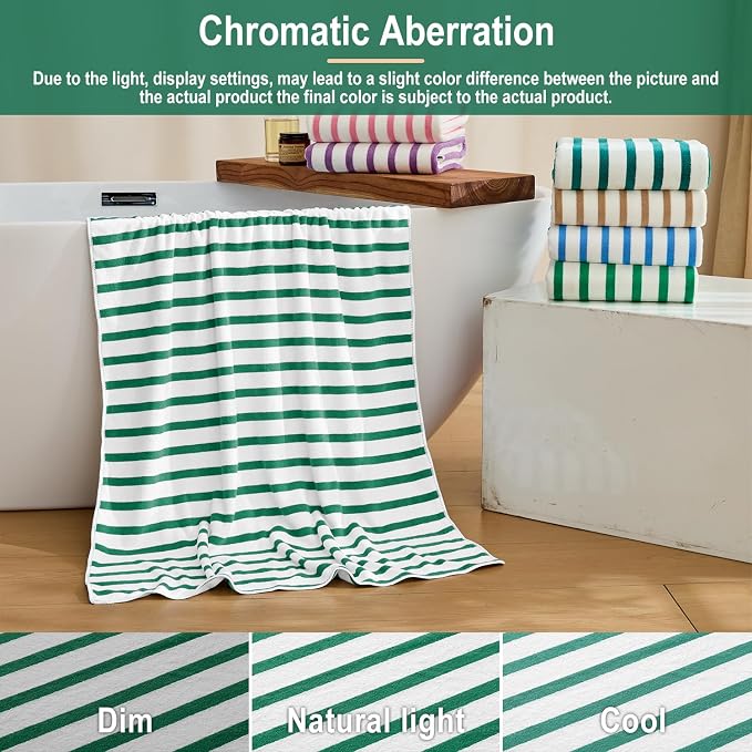 JML Microfiber Beach Towels, 6 Pack, 27" x 55", Large Bath Towel Set for Adult- Cabana Stripe - Absorbent, Quick Drying Lint-Free, No Fading for Summer Party, Pool, Sport, Yoga, Swimming, Green