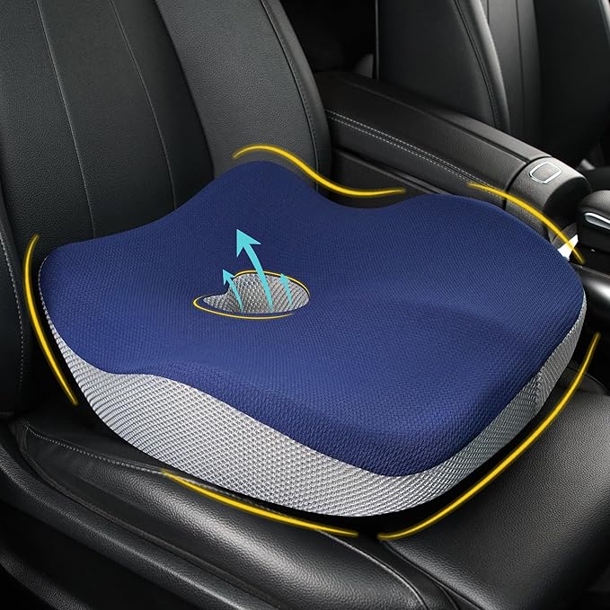 Car Seat Cushion, Ergonomic Memory Foam Car Cushion for Sciatica Pain Relief, Larger Driving Seat Pillow for Short Drivers on Long Drives - Butt Pillow for Truck, Office, Wheelchair - Blue&Gray