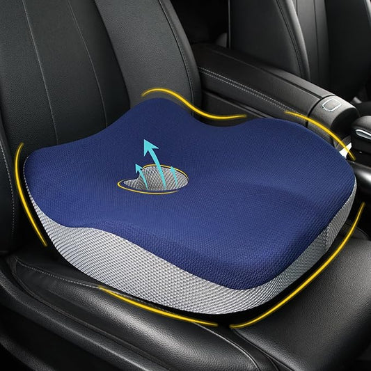 Car Seat Cushion, Ergonomic Memory Foam Car Cushion for Sciatica Pain Relief, Larger Driving Seat Pillow for Short Drivers on Long Drives - Butt Pillow for Truck, Office, Wheelchair - Blue&Gray