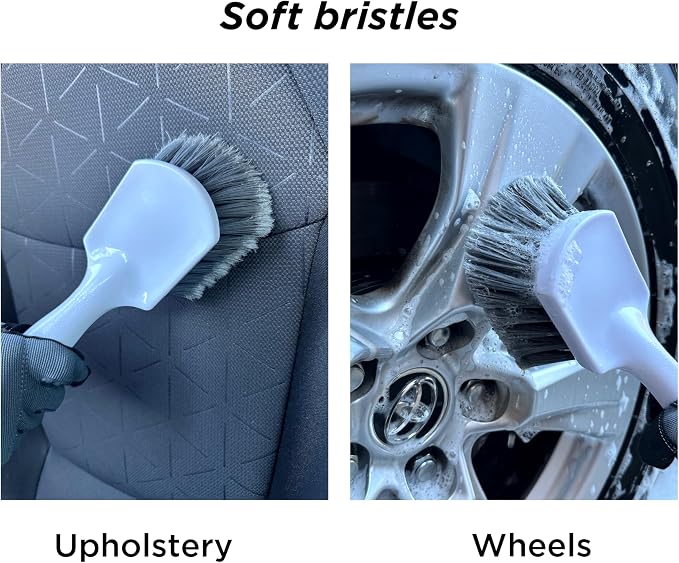 Short Handle Car Wheel and Tire Brush | Auto Detailing Car Wash Brush | Deep Cleaning Brush for Tires, Rims, Wheel Wells, Carpets, and Upholstery | Soft Bristles and Stiff Bristles | Pack of 2