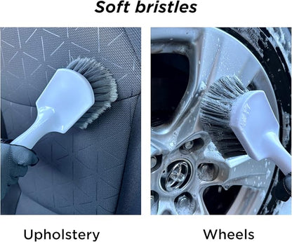 Short Handle Car Wheel and Tire Brush | Auto Detailing Car Wash Brush | Deep Cleaning Brush for Tires, Rims, Wheel Wells, Carpets, and Upholstery | Soft Bristles and Stiff Bristles | Pack of 2