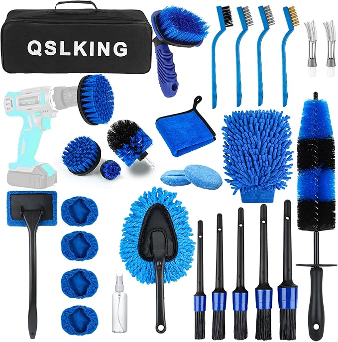 30 PCS Car Detailing Kit - Car Cleaning Wash Brush Set, Auto Interior Detailing Washing Brush Kit Tool, Car Cleaning Supplies, Exterior Wheel Drill Brush, Automotive Tools Detailing Brushes