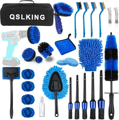 30 PCS Car Detailing Kit - Car Cleaning Wash Brush Set, Auto Interior Detailing Washing Brush Kit Tool, Car Cleaning Supplies, Exterior Wheel Drill Brush, Automotive Tools Detailing Brushes