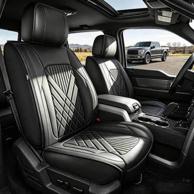 IKABEVEM for Ford F150 2009-2024 2025 2026 Seat Covers F250 F350 F450 2017-2025 2026 Seat Cushion Cover with Faux Leather(Full Set, Black)