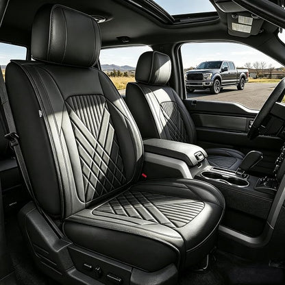 IKABEVEM for Ford F150 2009-2024 2025 2026 Seat Covers F250 F350 F450 2017-2025 2026 Seat Cushion Cover with Faux Leather(Full Set, Black)