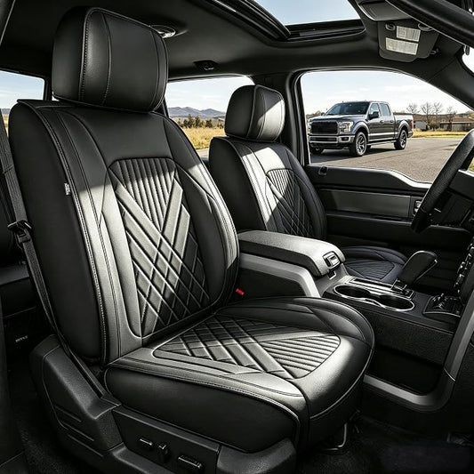 IKABEVEM for Ford F150 2009-2024 2025 2026 Seat Covers F250 F350 F450 2017-2025 2026 Seat Cushion Cover with Faux Leather(Full Set, Black)