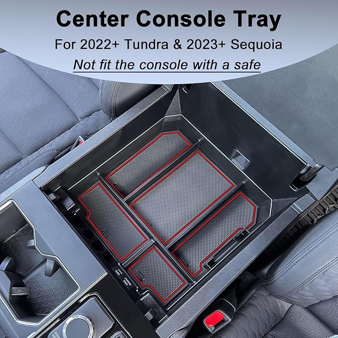 TOPINSTALL Red Full-Size Console Tray Compatible with 2022-2026 Toyota Tundra / 2023-2026 Sequoia Accessories Armrest Storage Box Tray with Anti-Slip Inserts (Not for the Console with Safe)