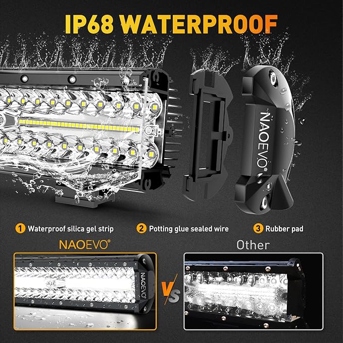 NAOEVO 12Inch LED Light Bar and 2PCS 4Inch LED Pod Lights, 420W 42000LM LED Fog/Driving/Off Road Lights Bar, Spot Flood Combo LED Light Bar with Wiring Harness Kit-3 Lead for Truck ATV Boat