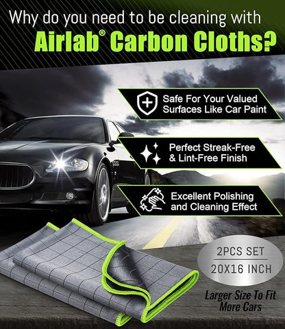 Airlab Carbon Microfiber Towels for Car Glass Window Polishing Cleaning Cloth Auto Detailing Lint Free Streak Free Drying Car Wash Large Towel, Pack of 2, 20" x 16", Grey-Green