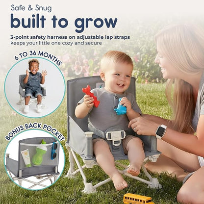 Hiccapop OmniBoost Travel Booster Seat with Tray for Baby, Dining Table, Camping, Beach, Grandma’s | Folding Portable Tip-Free Design Straps to Kitchen Chairs