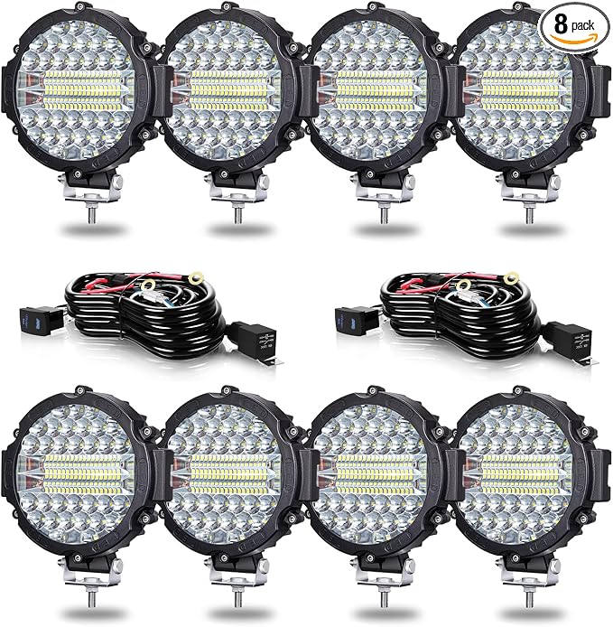 7 Inch Round LED Offroad Light Pod 201W 15000LM Off Road Driving Work Light Pod Flood Beam Pod Lights with Wiring Harness for Pickup Trucks SUV ATV UTV Tractor, 8PCS