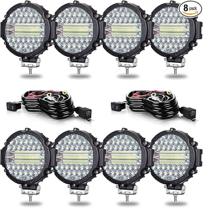 7 Inch Round LED Offroad Light Pod 201W 15000LM Off Road Driving Work Light Pod Flood Beam Pod Lights with Wiring Harness for Pickup Trucks SUV ATV UTV Tractor, 8PCS