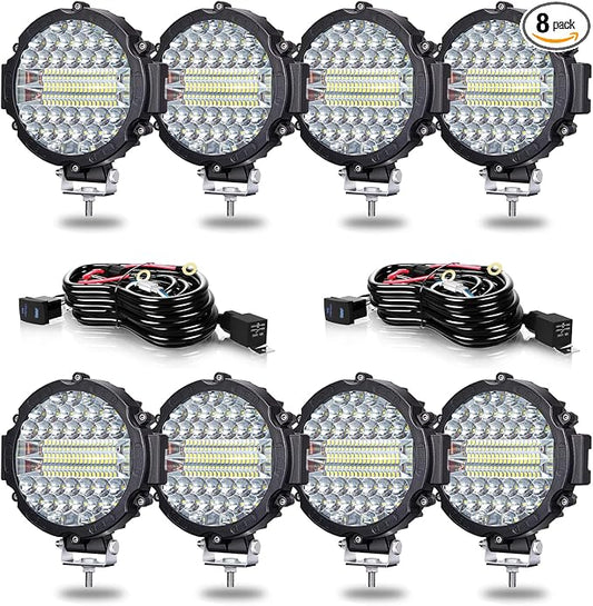 7 Inch Round LED Offroad Light Pod 201W 15000LM Off Road Driving Work Light Pod Flood Beam Pod Lights with Wiring Harness for Pickup Trucks SUV ATV UTV Tractor, 8PCS
