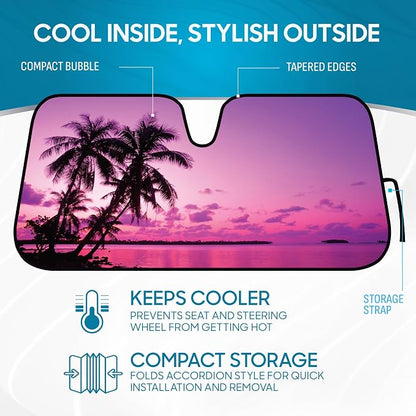 BDK Purple Sunset Beach Front Windshield Sun Shade Accordion Folding Cute Car Window Shades for Truck & Car Sunshade Shield for Sun UV Rays - Visor Protector Keeps Your Vehicle Cool - 58 x 27 inches
