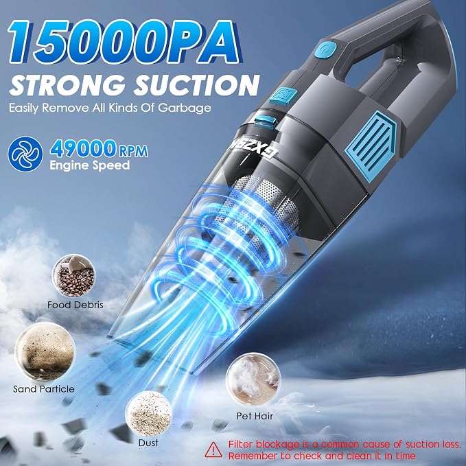 Gxzsk Handheld Vacuum Cordless, 15000PA Strong Suction Hand Held Car Vacuum Cleaner Rechargeable, Portable Hand Vacuum with Multi-Nozzles & Washable Filter for Home Office, Car, Pets