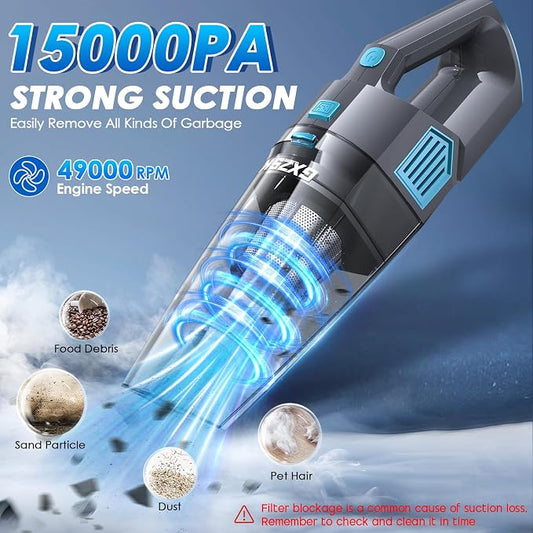 Gxzsk Handheld Vacuum Cordless, 15000PA Strong Suction Hand Held Car Vacuum Cleaner Rechargeable, Portable Hand Vacuum with Multi-Nozzles & Washable Filter for Home Office, Car, Pets