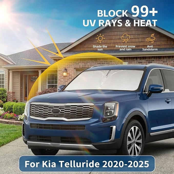 for Kia Telluride Windshield Sun Shade 2020-2025, Double Layer 240T Front Window Shade, Custom Fit UV Blocking Foldable Sun Visor, Summer Car Accessories Must-Have