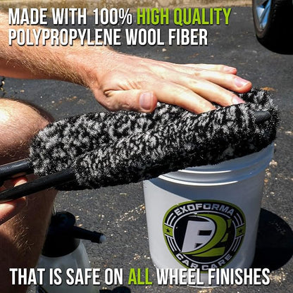 ExoForma Bendable Brush Set - Unique Adjustable 2-Piece Wheel Brush Set Cleans Behind Wheels - Tough Yet Gentle Wool Fiber + No-Scratch Rubber Tip Safe for All Wheel Types - Comfy Ergonomic Grip