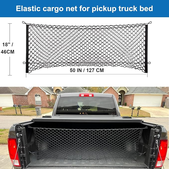 Cargo Net for Pickup Bed, Fit for Ford F150/F250, Chevy Silverado, GMC Sierra, 18"x50" Heavy Duty Elastic Cargo Organizer