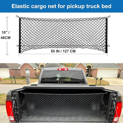 Cargo Net for Pickup Bed, Fit for Ford F150/F250, Chevy Silverado, GMC Sierra, 18"x50" Heavy Duty Elastic Cargo Organizer