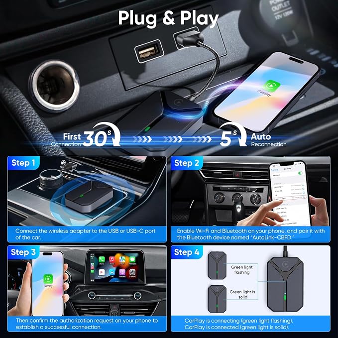 Wireless CarPlay Adapter for iPhone, 2026 Wired to Wireless CarPlay Dongle, Plug & Play USB-C Adapter, 5.8GHz WiFi, Bluetooth 5.3, Auto Connect, Low Latency, for Cars 2015+