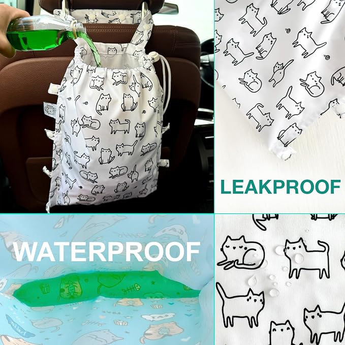 Leak-Proof Waterproof Car Trash Bag Foldable Multipurpose Trash bin Container Storage Cute Grocery Organizer Bag for Automotive Front or Back Seat in Cars SUVs and Trucks (White cats)